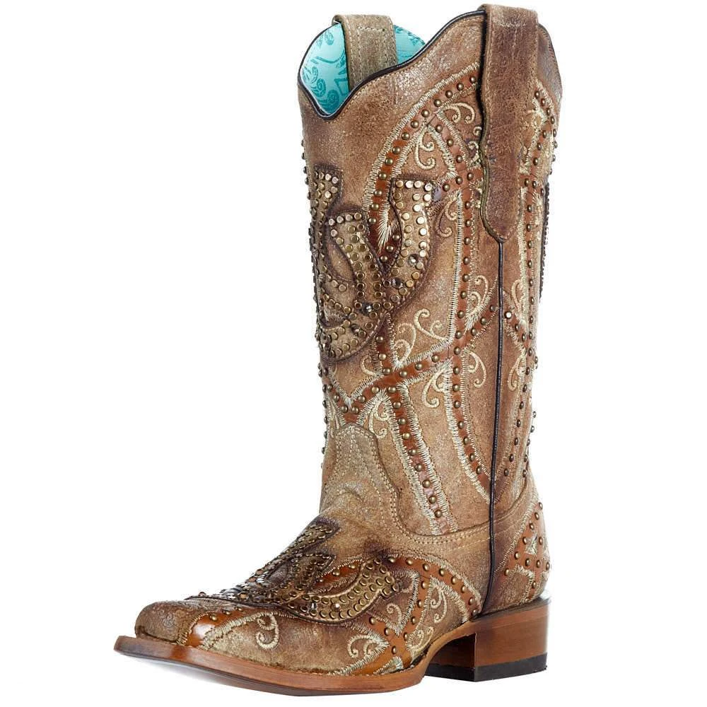 Nrs Footwear Womens Corral Brown Horse Shoe Overlay Boot