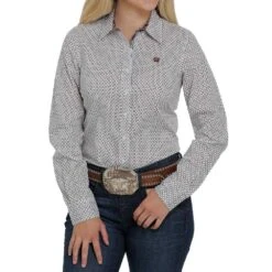 Cinch Women's Cream And Burgundy Print Button Down Shirt