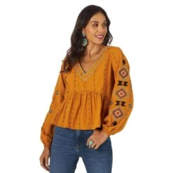 Wrangler Women's Retro Embroidered V-Neck Peasant Blouse