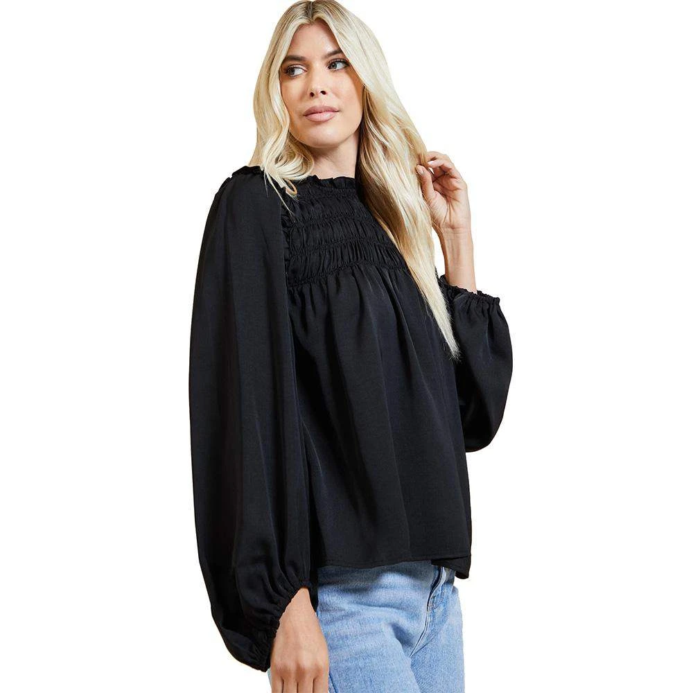 Glam Women's Black Smocked Ruffle Top