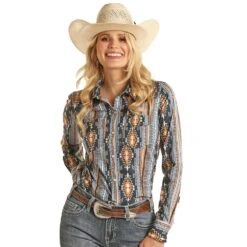 Rock & Roll Denim N Womens Snap Shirt With Aztec Print