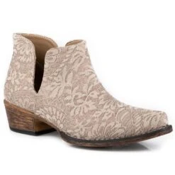 Roper Women's Ava Taupe Lace Covered Faux Leather Snip Toe Bootie