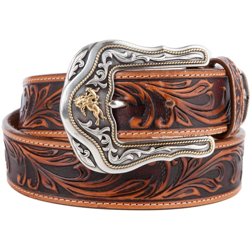 Tony Lama Western Ride Tooled Leather Bronc Buckle Mens Belt 1 1/2in