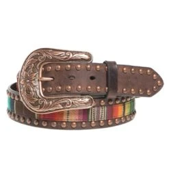 Ladies 1.5in. Serape Brown Leather Belt With Copper Studs